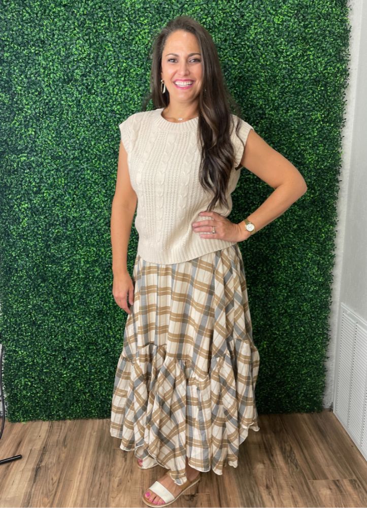 Plaid Ruffle Midi Skirt in Khaki Multi by Blu Pepper