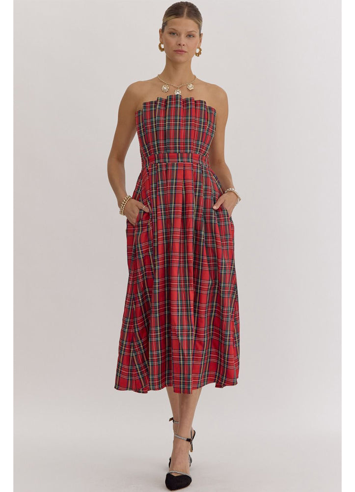 Plaid Strapless Midi Dress in Red by Entro