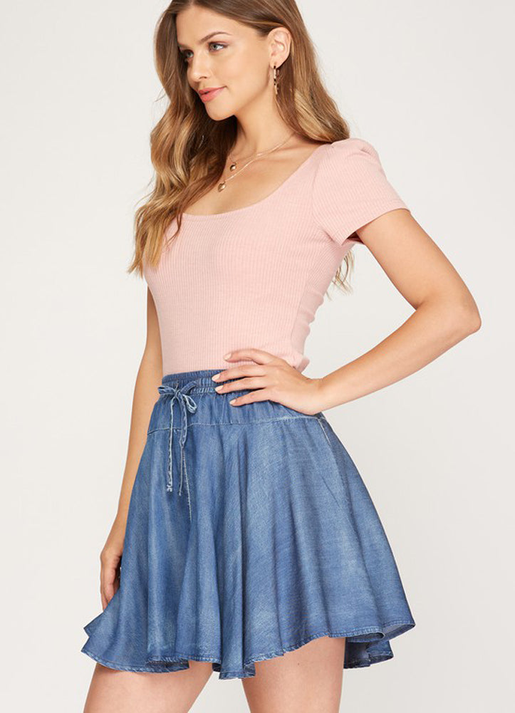 Chambray Flare Skirt in Denim Blue by She + Sky
