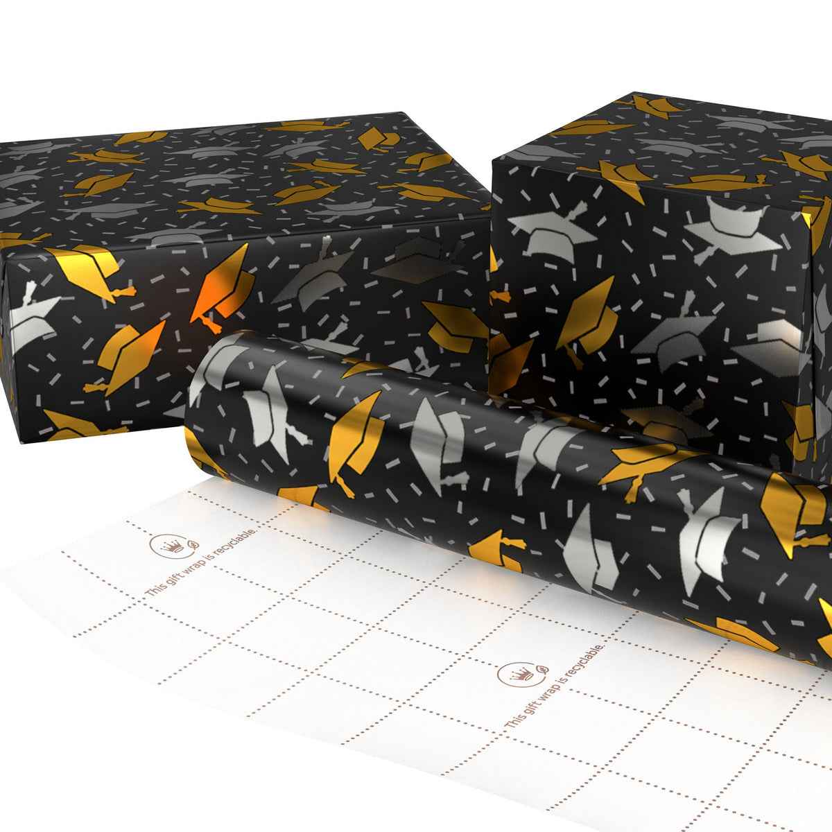 Hallmark Metallic Mortarboards on Black Graduation Wrapping Paper Roll, 17.5 sq. ft.
