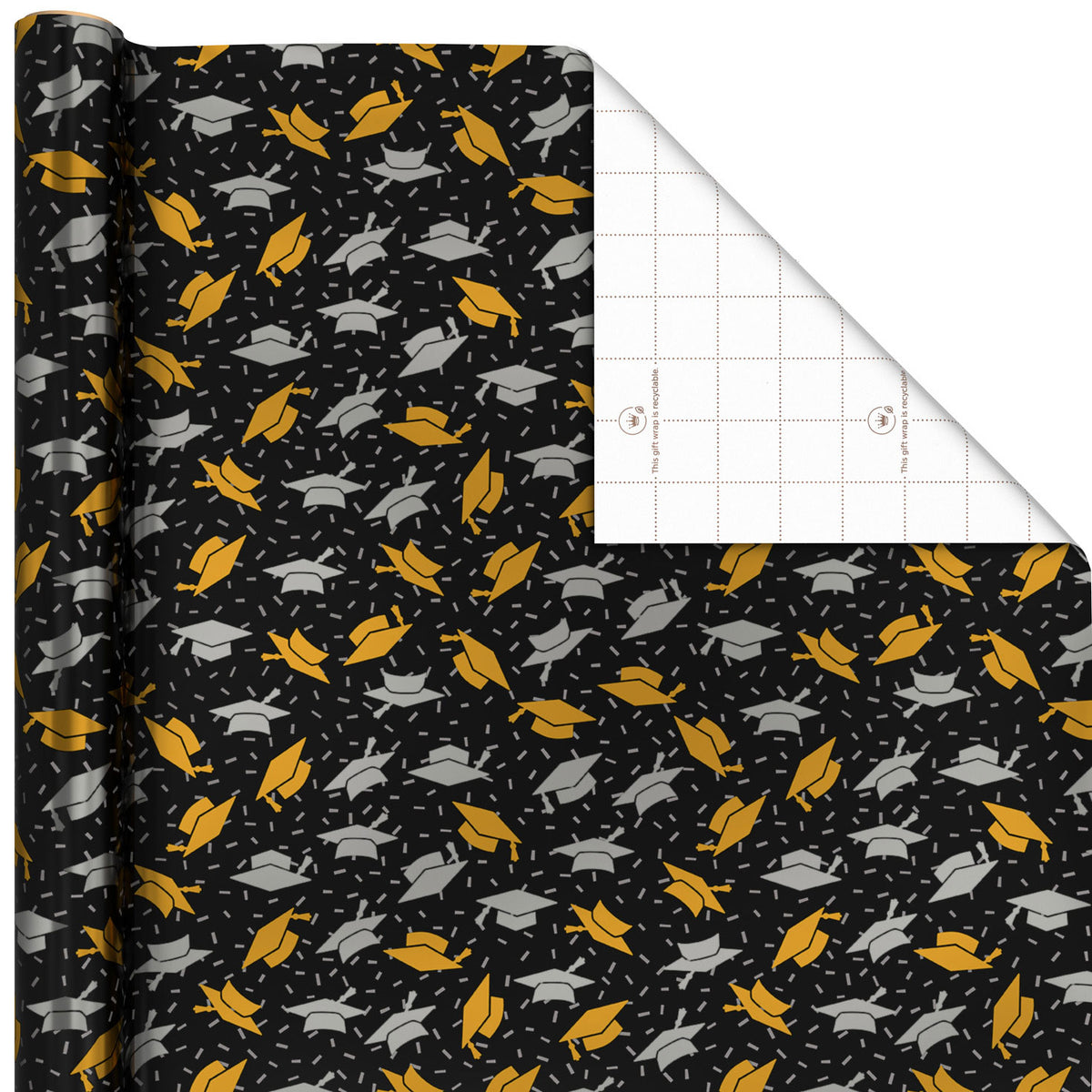 Hallmark Metallic Mortarboards on Black Graduation Wrapping Paper Roll, 17.5 sq. ft.