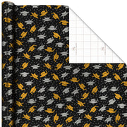 Hallmark Metallic Mortarboards on Black Graduation Wrapping Paper Roll, 17.5 sq. ft.