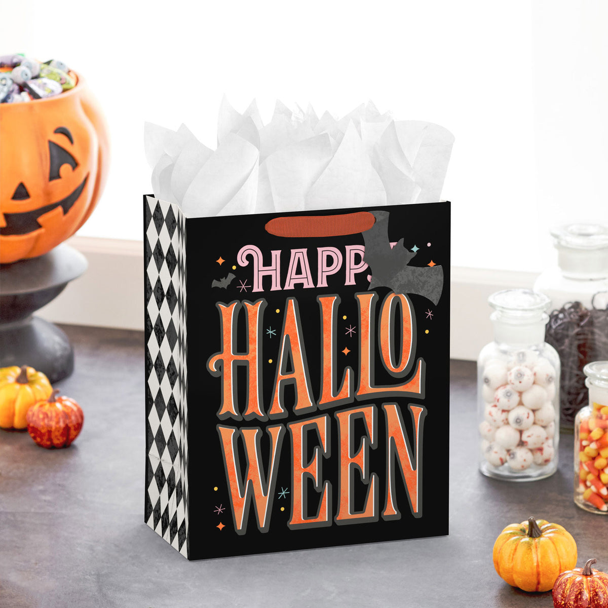 Hallmark 13'' Orange Letters with Bats on Black Large Halloween Gift Bag With Gift Tag