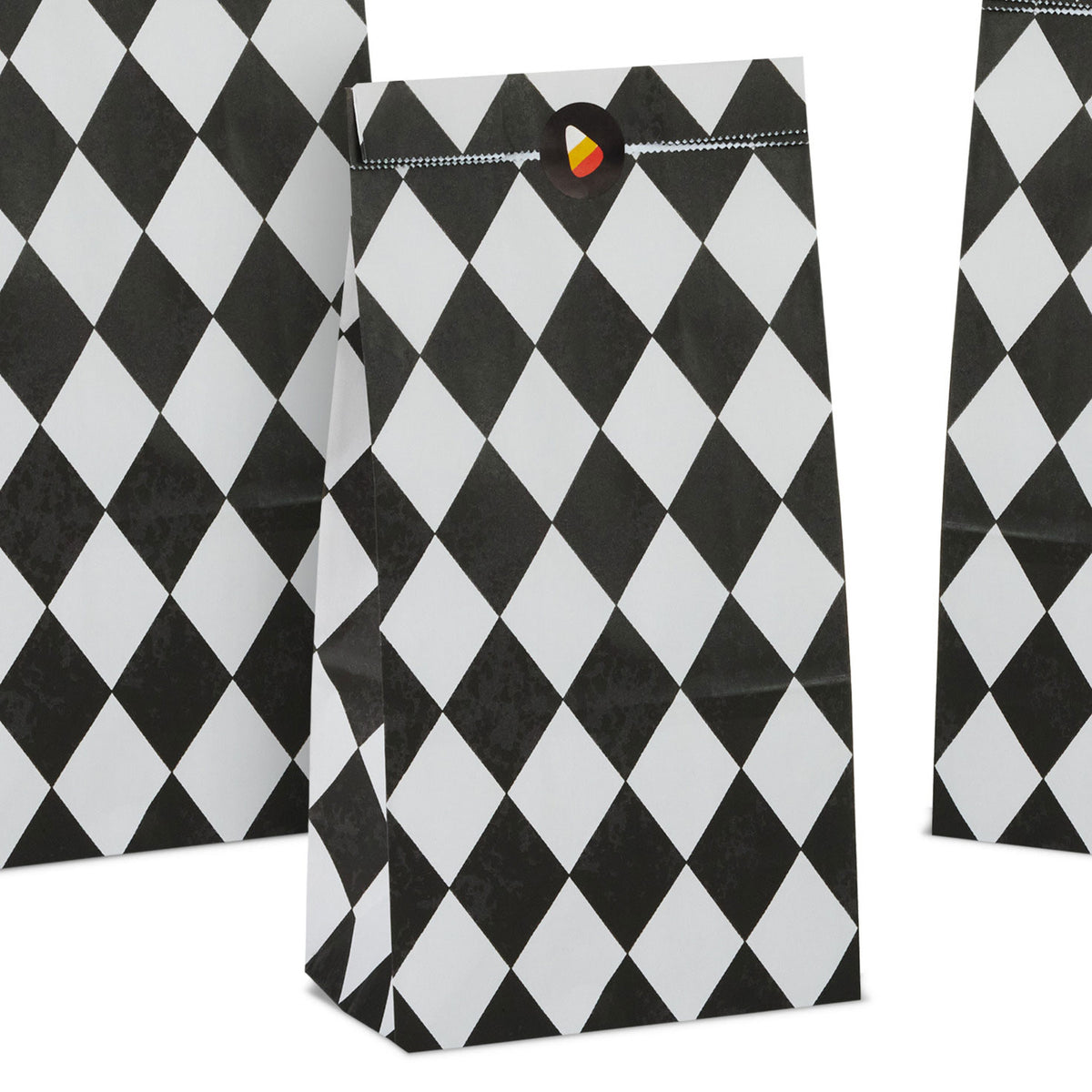 Hallmark Black Checkered Halloween Paper Goodie Bags With Stickers, Pack of 13