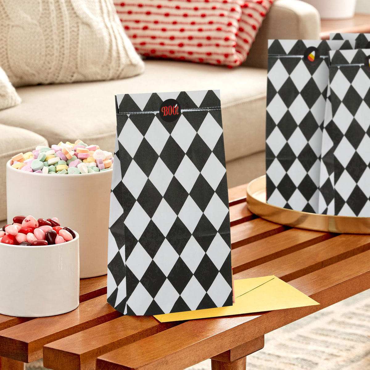 Hallmark Black Checkered Halloween Paper Goodie Bags With Stickers, Pack of 13