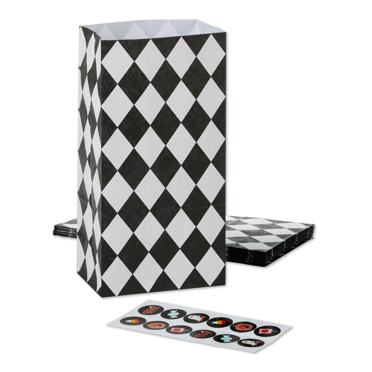 Hallmark Black Checkered Halloween Paper Goodie Bags With Stickers, Pack of 13
