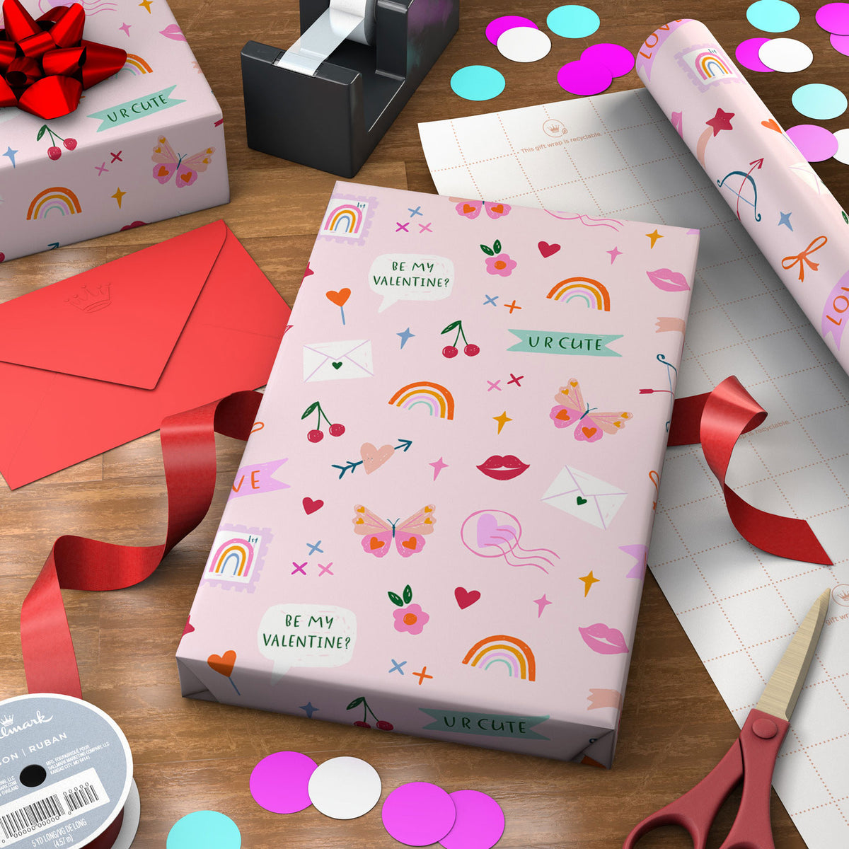 Hallmark Hearts and Doodles on Pink Valentine's Day Wrapping Paper Roll, 20 sq. ft.