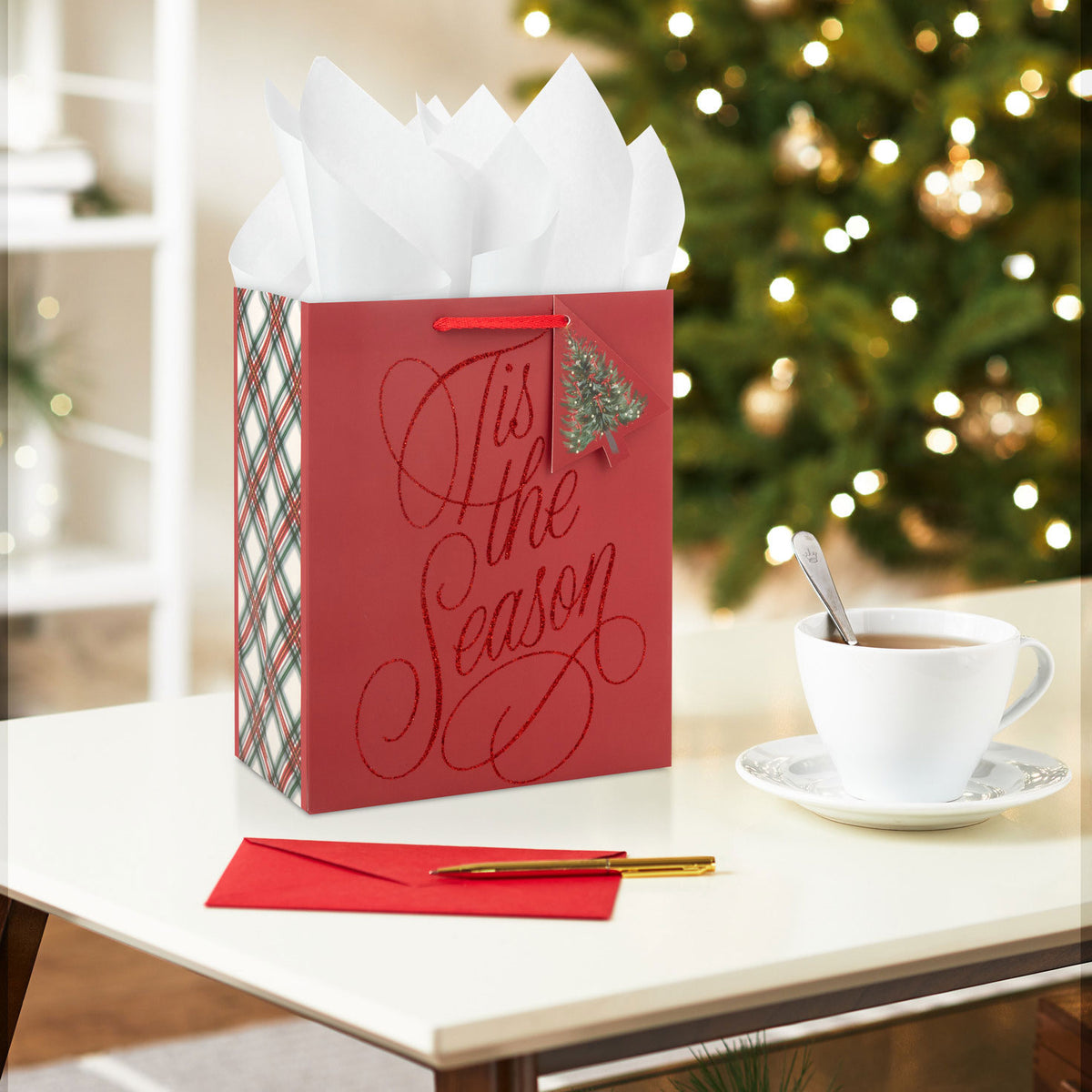 Hallmark 9.6'' Glittery Tis the Season on Dark Red Medium Holiday Gift Bag