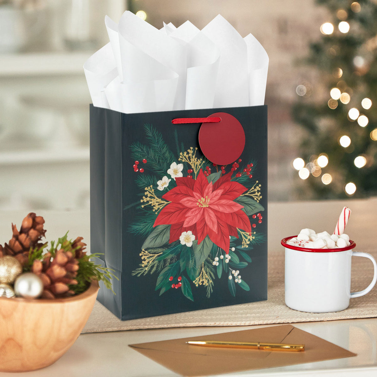 Hallmark 9.6'' Red Poinsettia on Black Medium Christmas Gift Bag