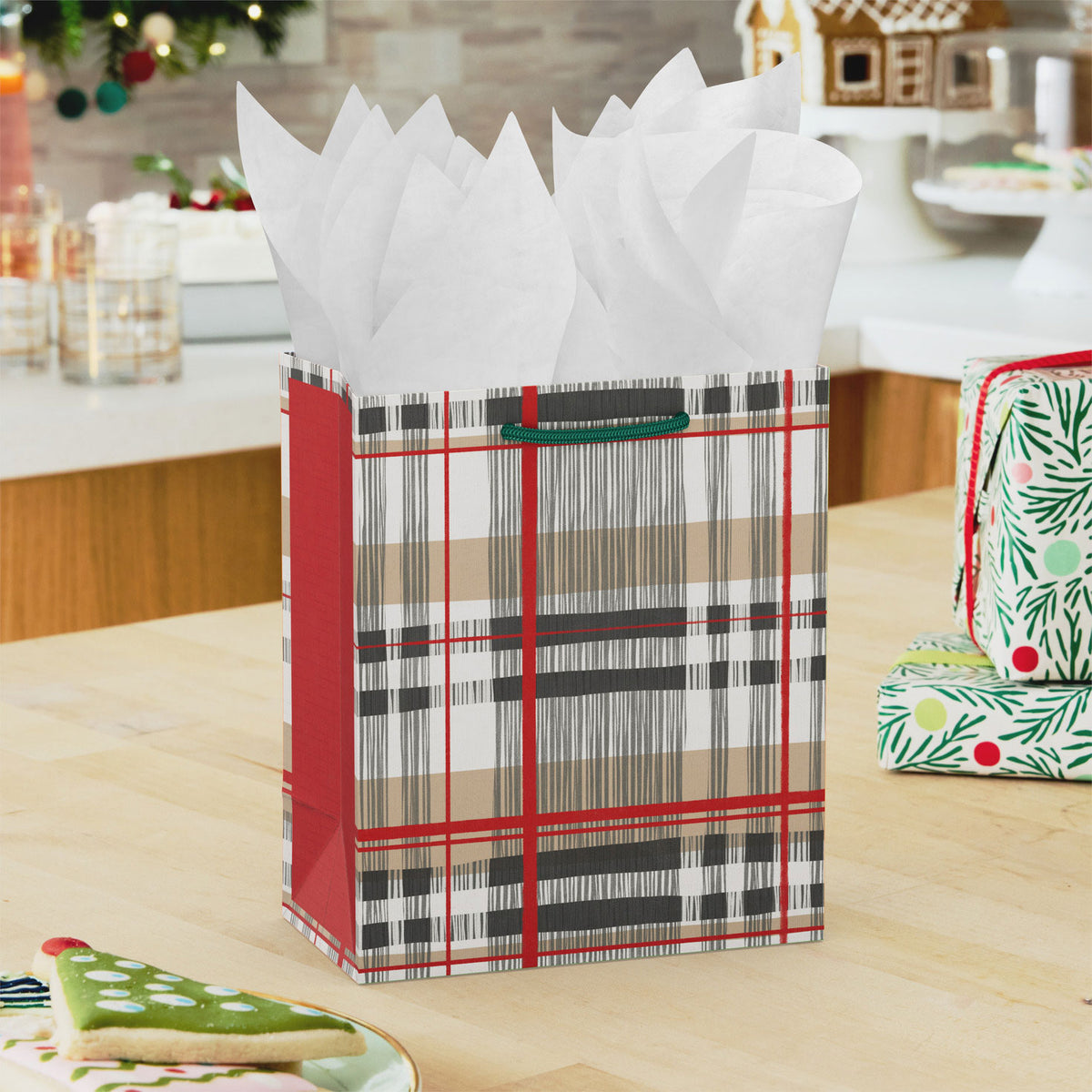 Hallmark 6.5'' Khaki, Red and Gray Plaid Small Christmas Gift Bag