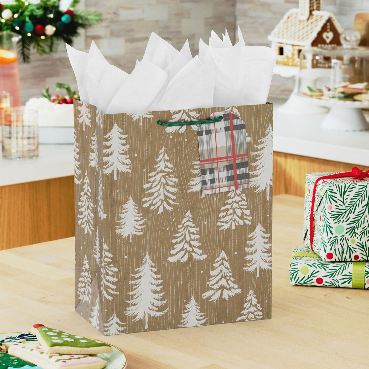 Hallmark 9.6'' White Trees on Woodgrain Kraft Medium Christmas Gift Bag With Gift Tag