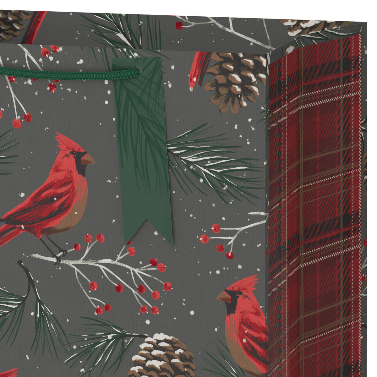 Hallmark 13'' Cardinals and Pine Cones on Gray Large Christmas Gift Bag With Gift Tag