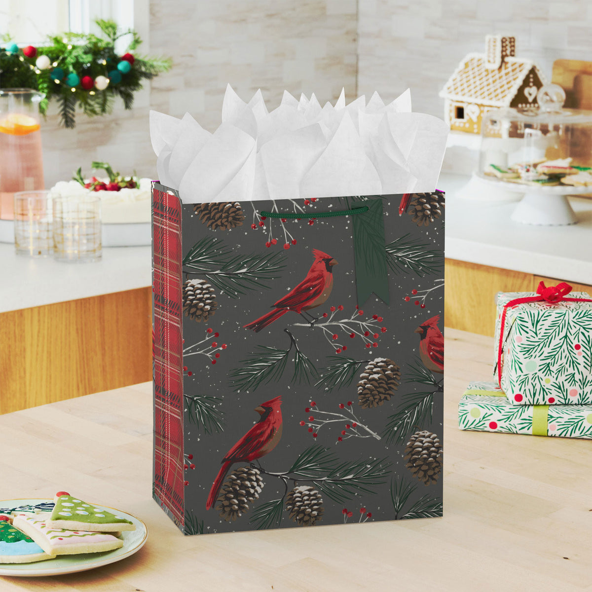 Hallmark 13'' Cardinals and Pine Cones on Gray Large Christmas Gift Bag With Gift Tag