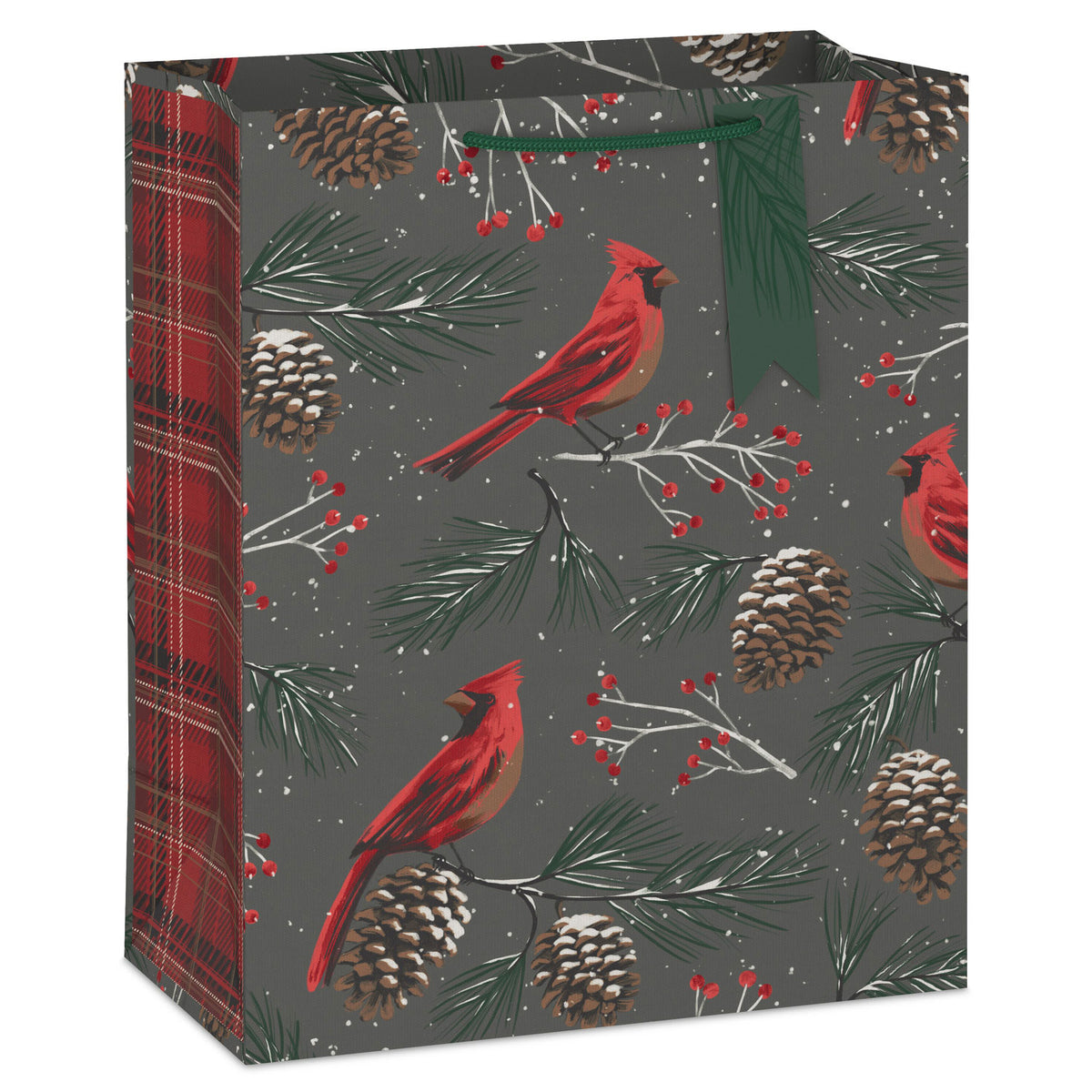 Hallmark 13'' Cardinals and Pine Cones on Gray Large Christmas Gift Bag With Gift Tag