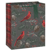 Hallmark 13'' Cardinals and Pine Cones on Gray Large Christmas Gift Bag With Gift Tag