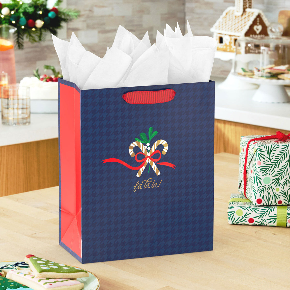 Hallmark 9.6'' Navy Blue Houndstooth with Candy Canes Medium Christmas Gift Bag