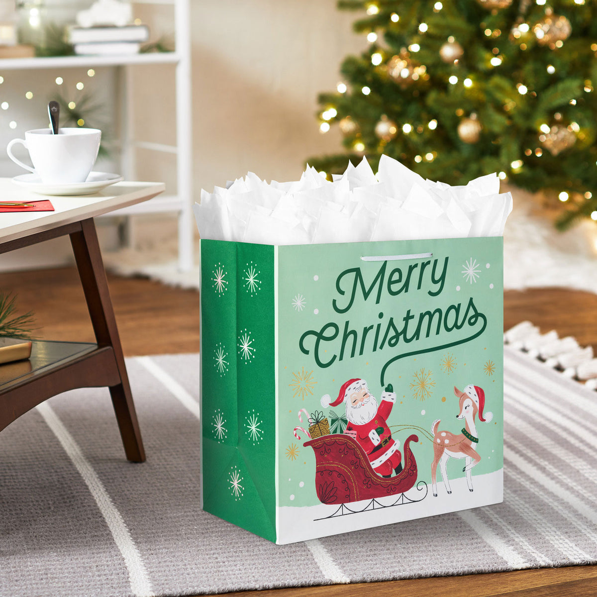 Hallmark 15'' Retro Santa and Reindeer Extra-Deep Christmas Gift Bag