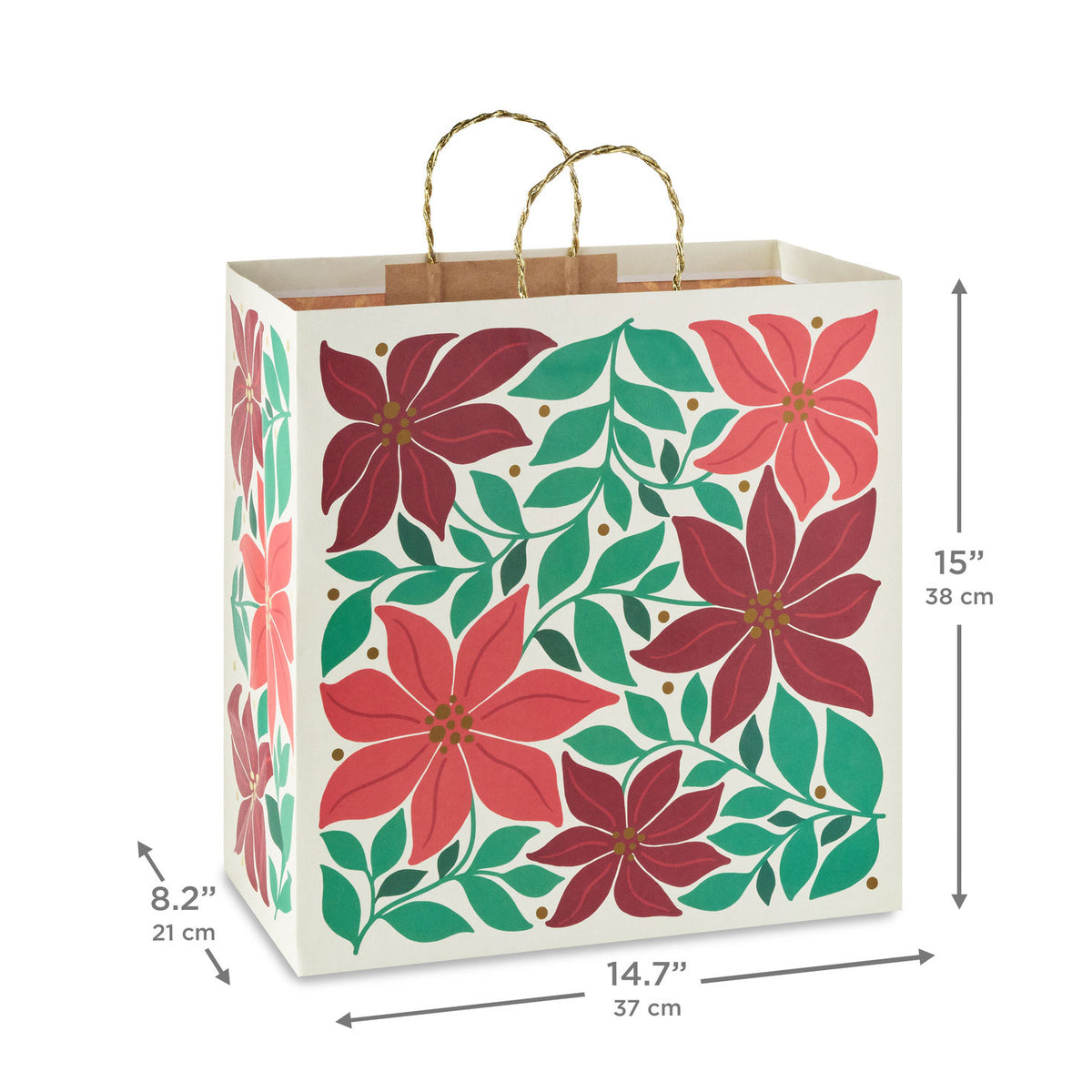 Hallmark 15'' Poinsettias on Cream Extra-Deep Christmas Gift Bag