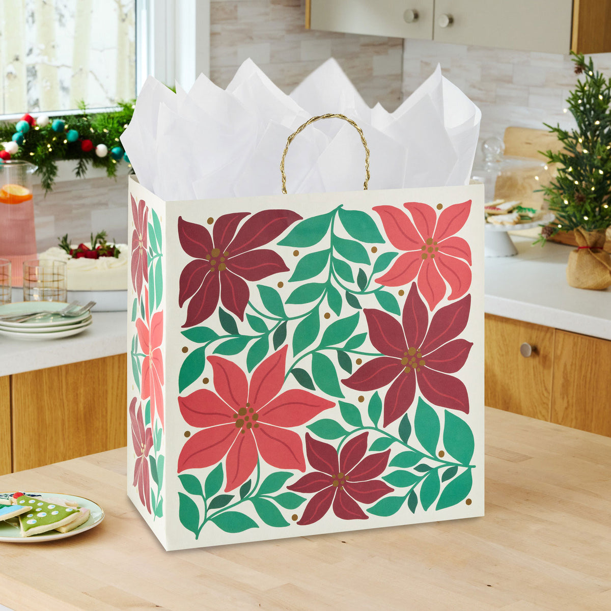 Hallmark 15'' Poinsettias on Cream Extra-Deep Christmas Gift Bag