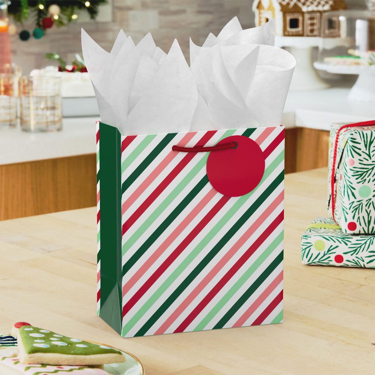 Hallmark 6.5'' Pink and Green Stripes Small Christmas Gift Bag With Tissue Paper