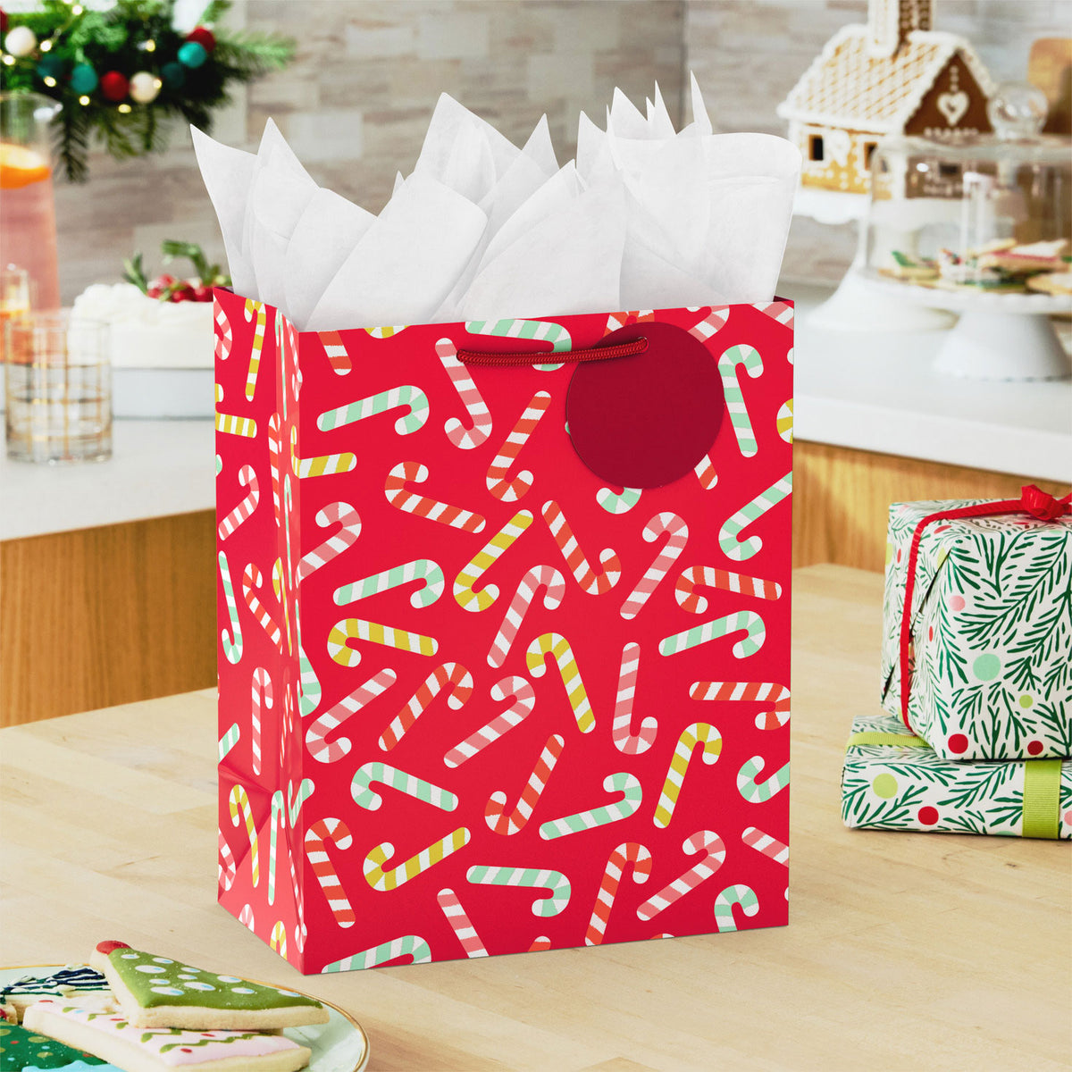 Hallmark 9.6'' Candy Canes on Red Medium Christmas Gift Bag With Tissue Paper