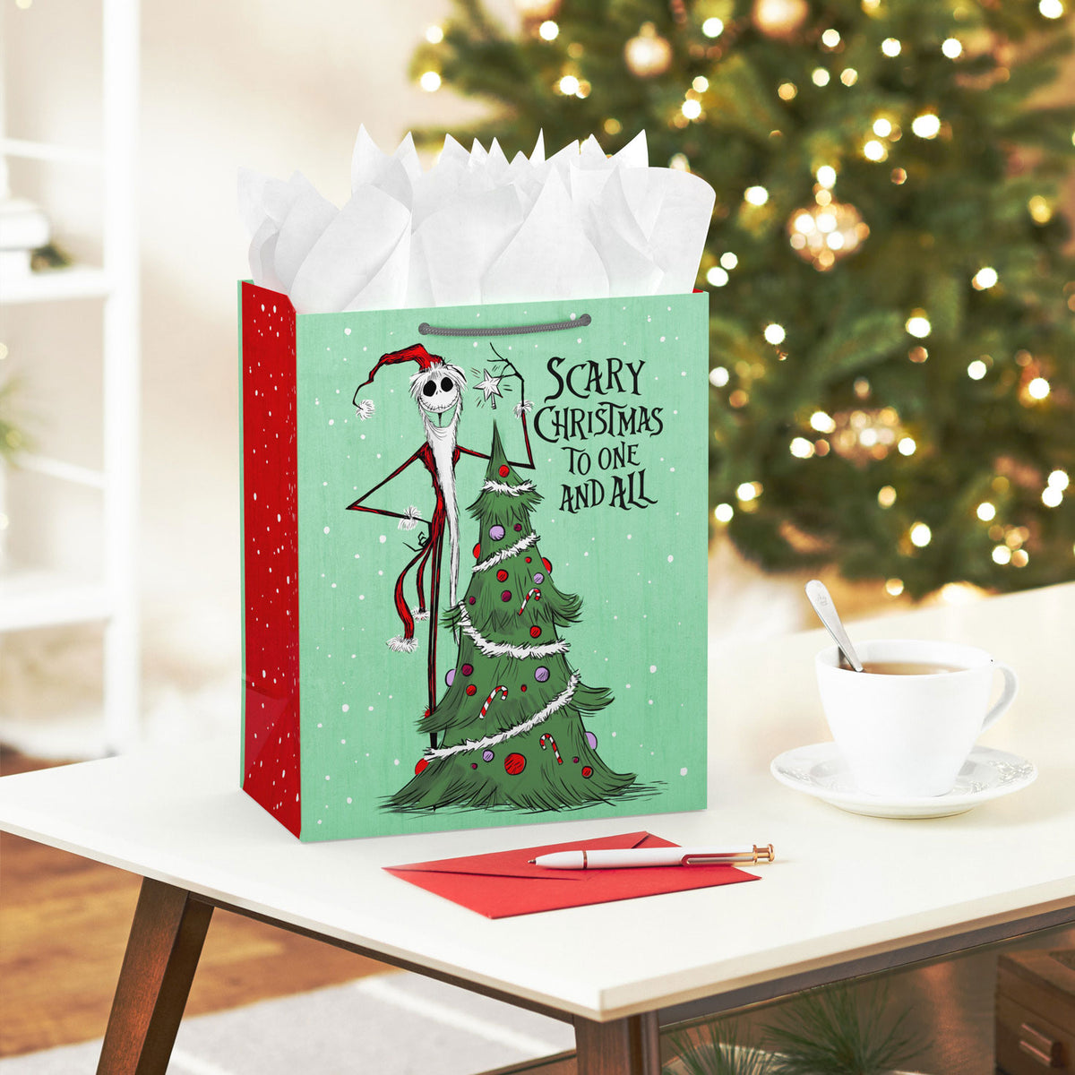 Hallmark 13'' Disney Tim Burton's The Nightmare Before Christmas Jack Skellington Santa, Green Large Christmas Gift Bag