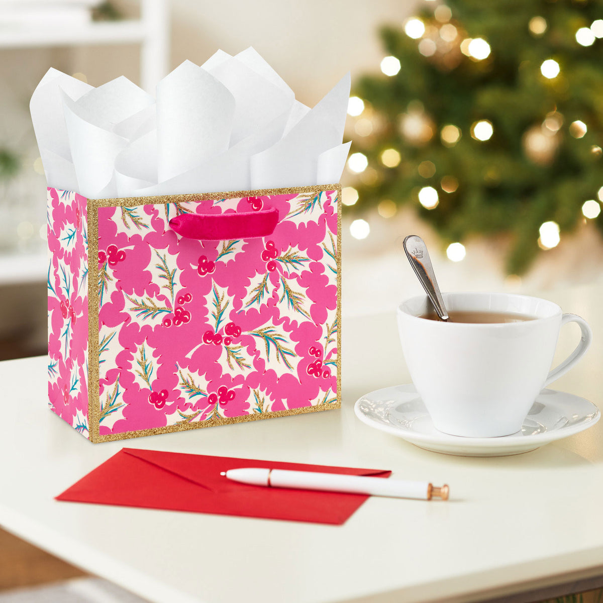 Hallmark 5.5'' Lacey Chabert Collection Jolly Holly on Pink Small Christmas Gift Bag