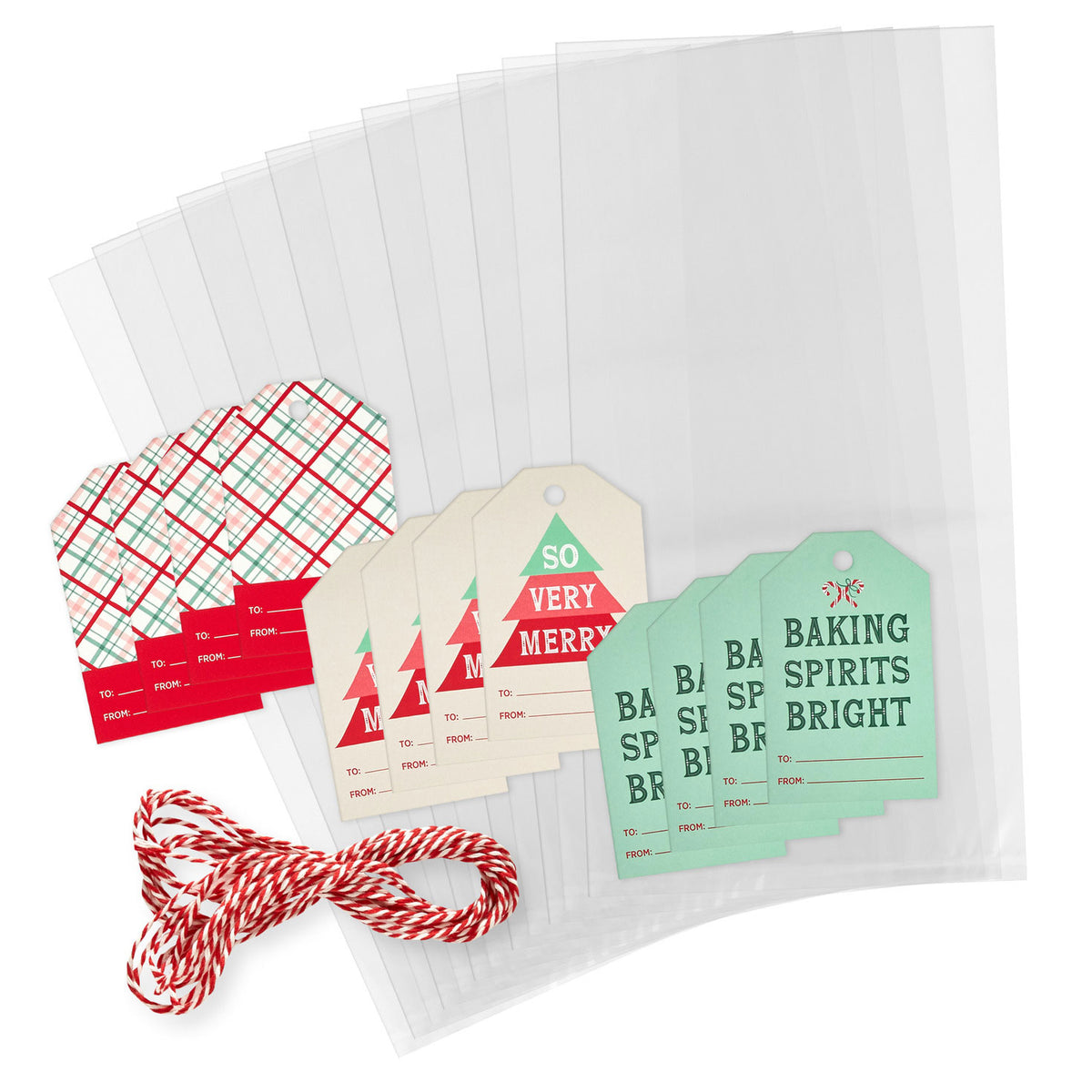 Hallmark Clear Cello Christmas Goodie Bags With Gift Tags, Pack of 12