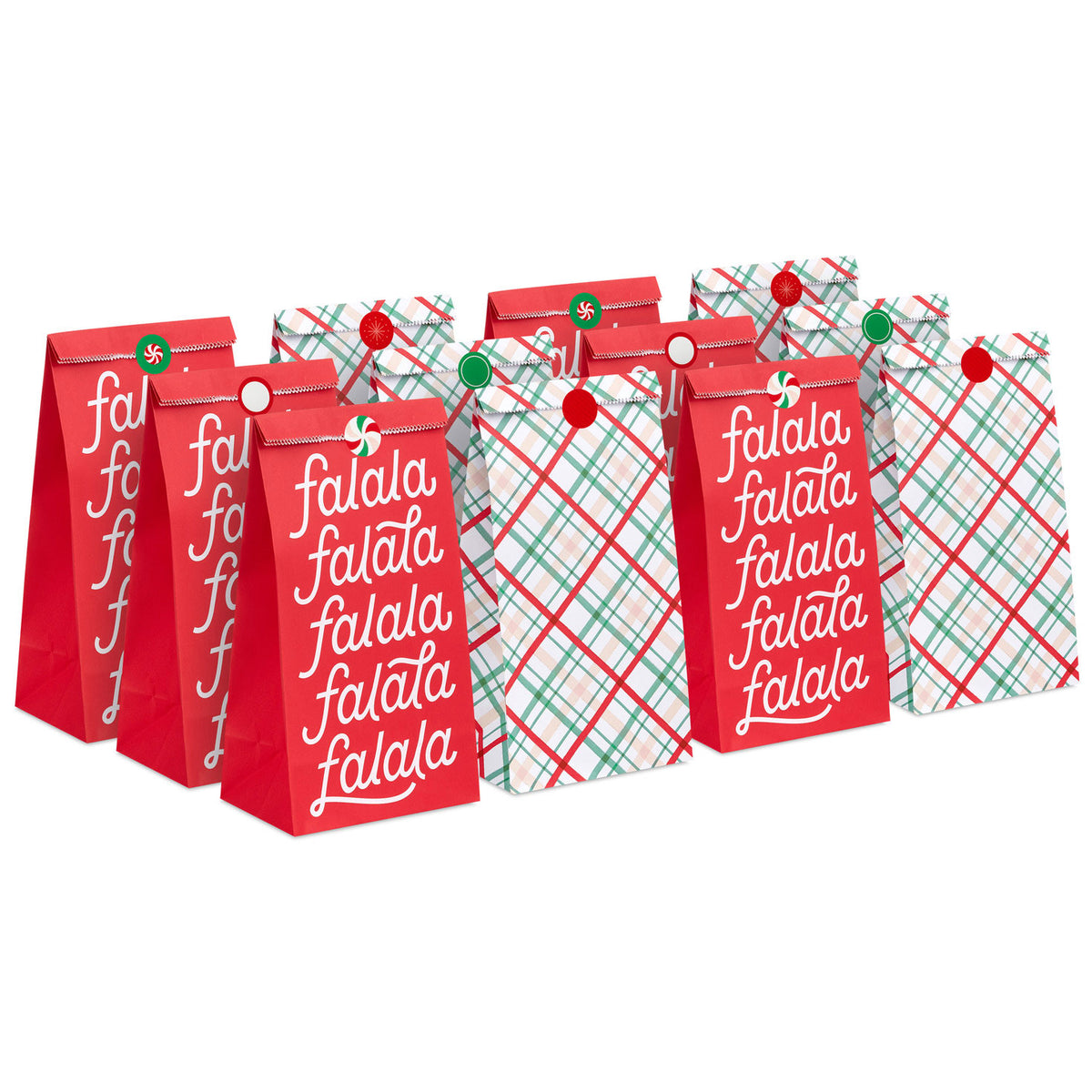 Hallmark Plaid and Fa La La Christmas Goodie Bags With Stickers, Pack of 12