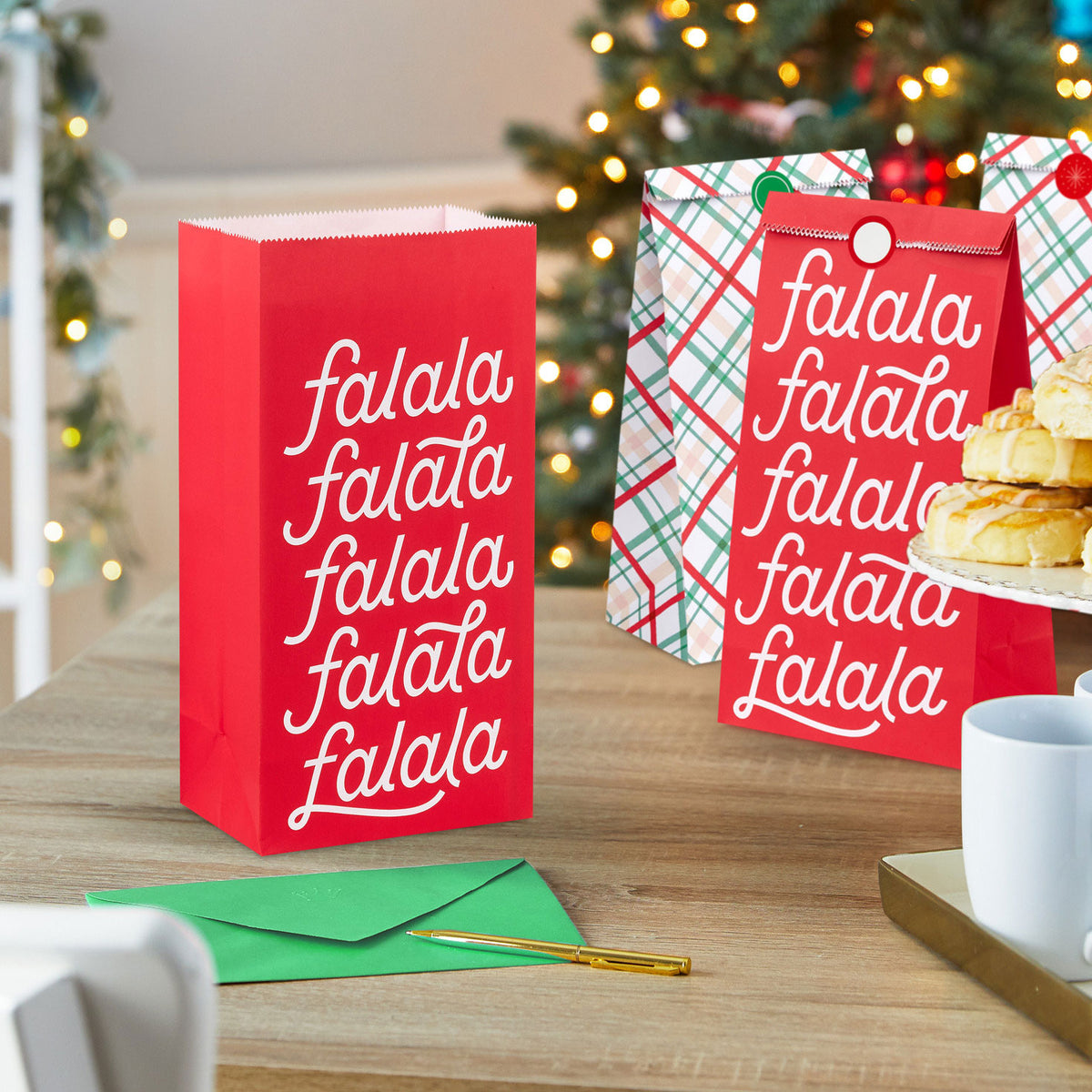 Hallmark Plaid and Fa La La Christmas Goodie Bags With Stickers, Pack of 12
