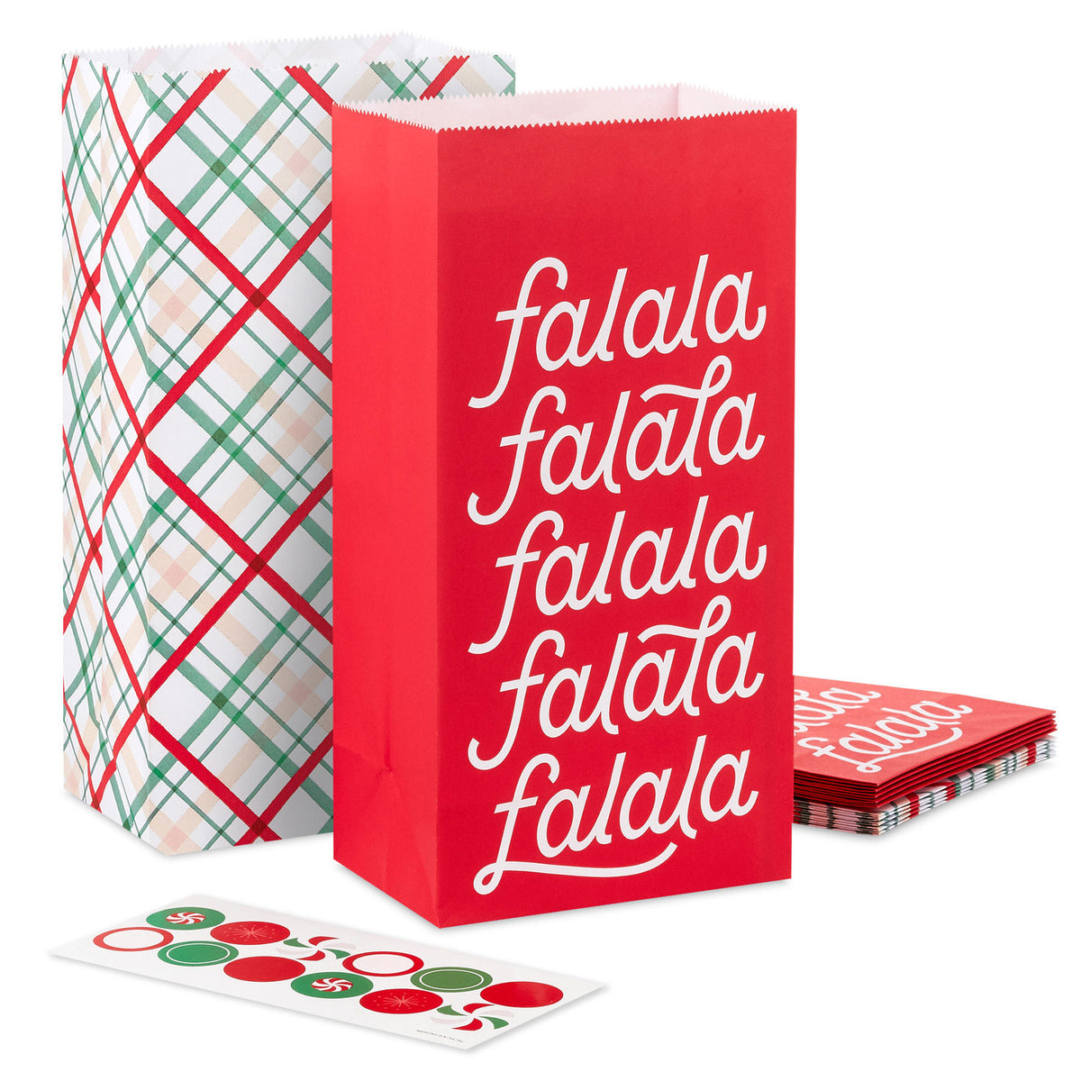 Hallmark Plaid and Fa La La Christmas Goodie Bags With Stickers, Pack of 12