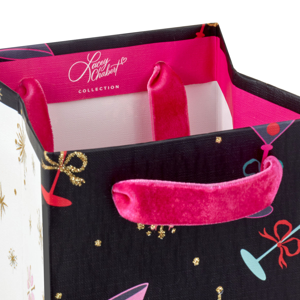 Hallmark 13'' Lacey Chabert Collection Tiny Tini Glasses on Black Christmas Wine Gift Bag