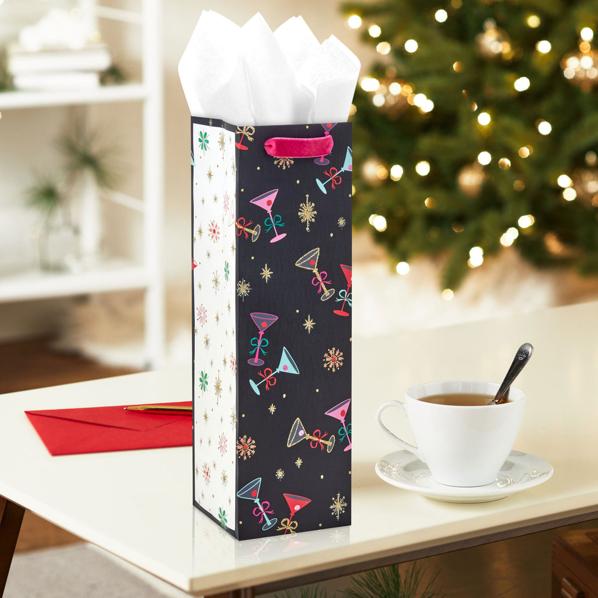Hallmark 13'' Lacey Chabert Collection Tiny Tini Glasses on Black Christmas Wine Gift Bag