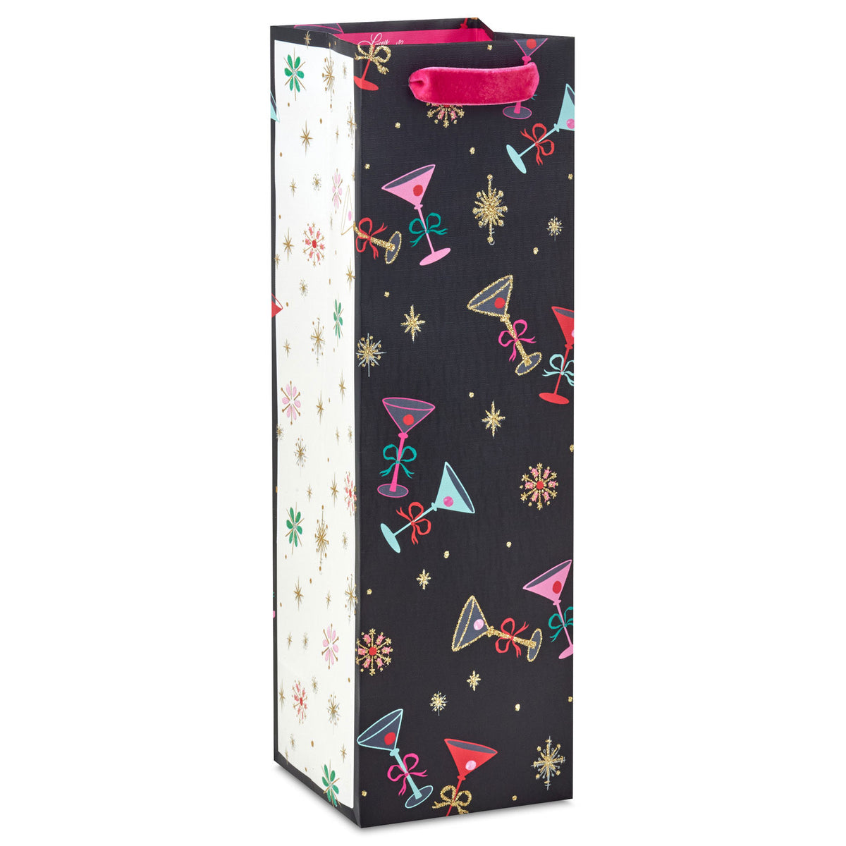 Hallmark 13'' Lacey Chabert Collection Tiny Tini Glasses on Black Christmas Wine Gift Bag