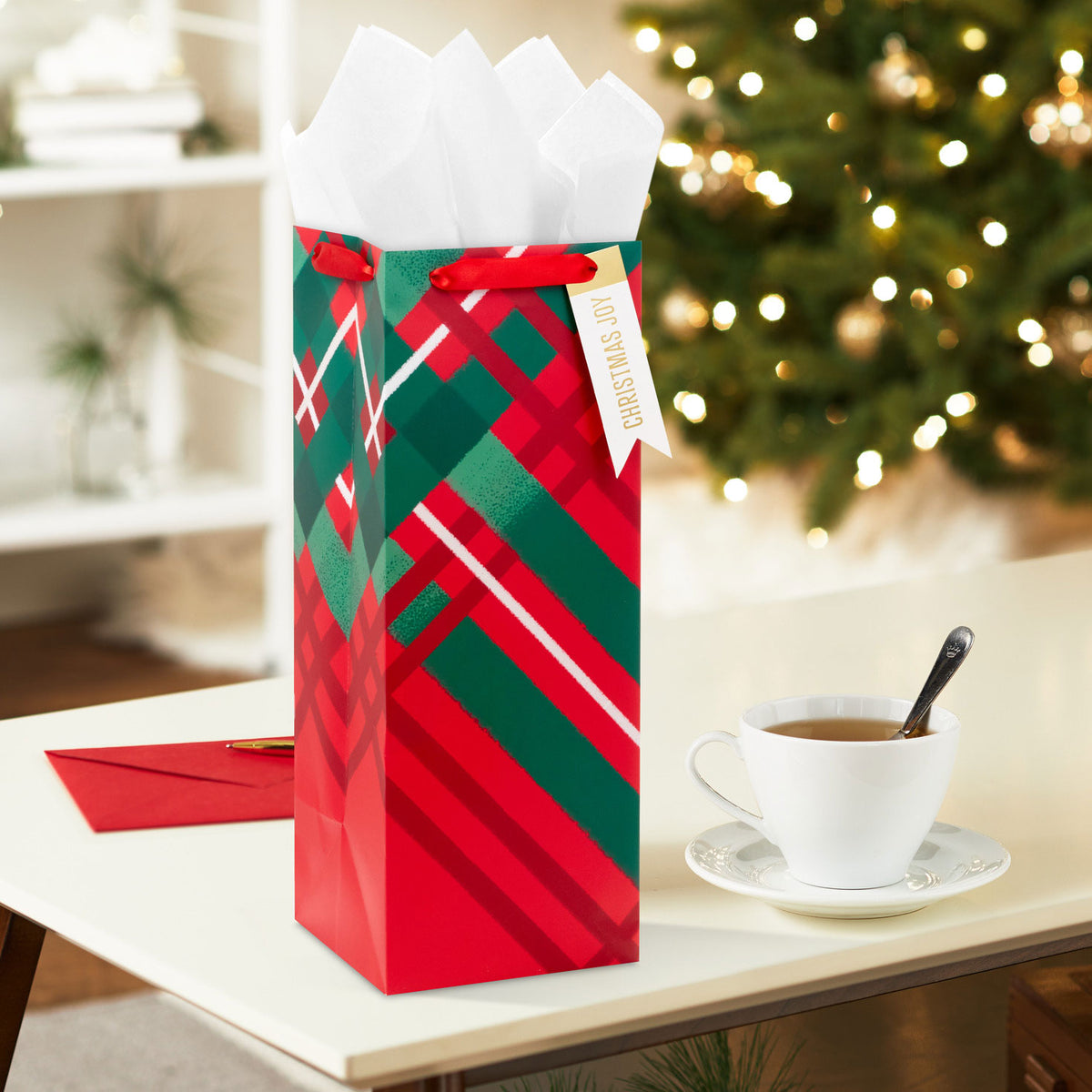 Hallmark 14'' Red and Green Plaid Large Christmas Wine Gift Bag