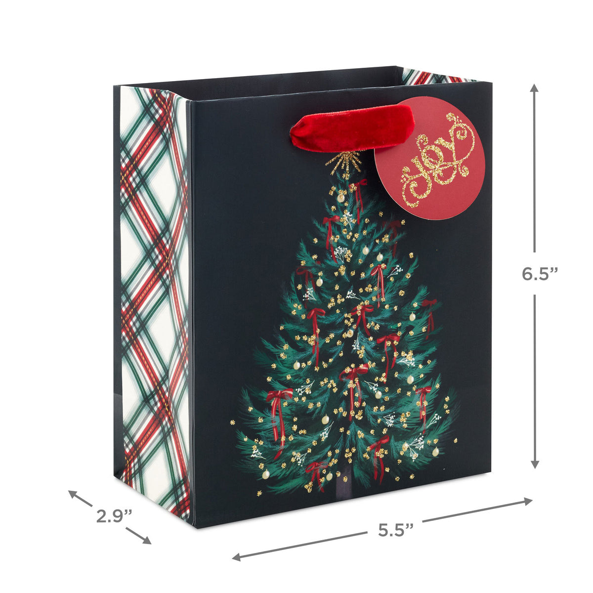 Hallmark 6.5'' Evergreen With Red Bows on Black Small Christmas Gift Bag