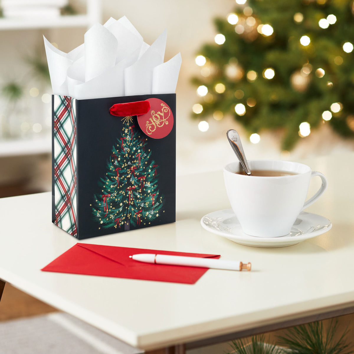 Hallmark 6.5'' Evergreen With Red Bows on Black Small Christmas Gift Bag