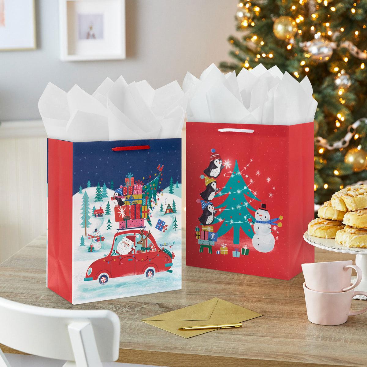 Hallmark 11.5'' Penguin Holiday Fun 2-Pack Large Gift Bag Bundle