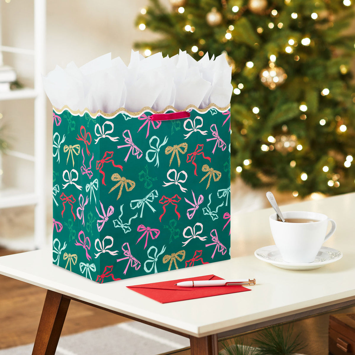 Hallmark 15'' Lacey Chabert Collection Bows on Green Extra-Deep Christmas Gift Bag