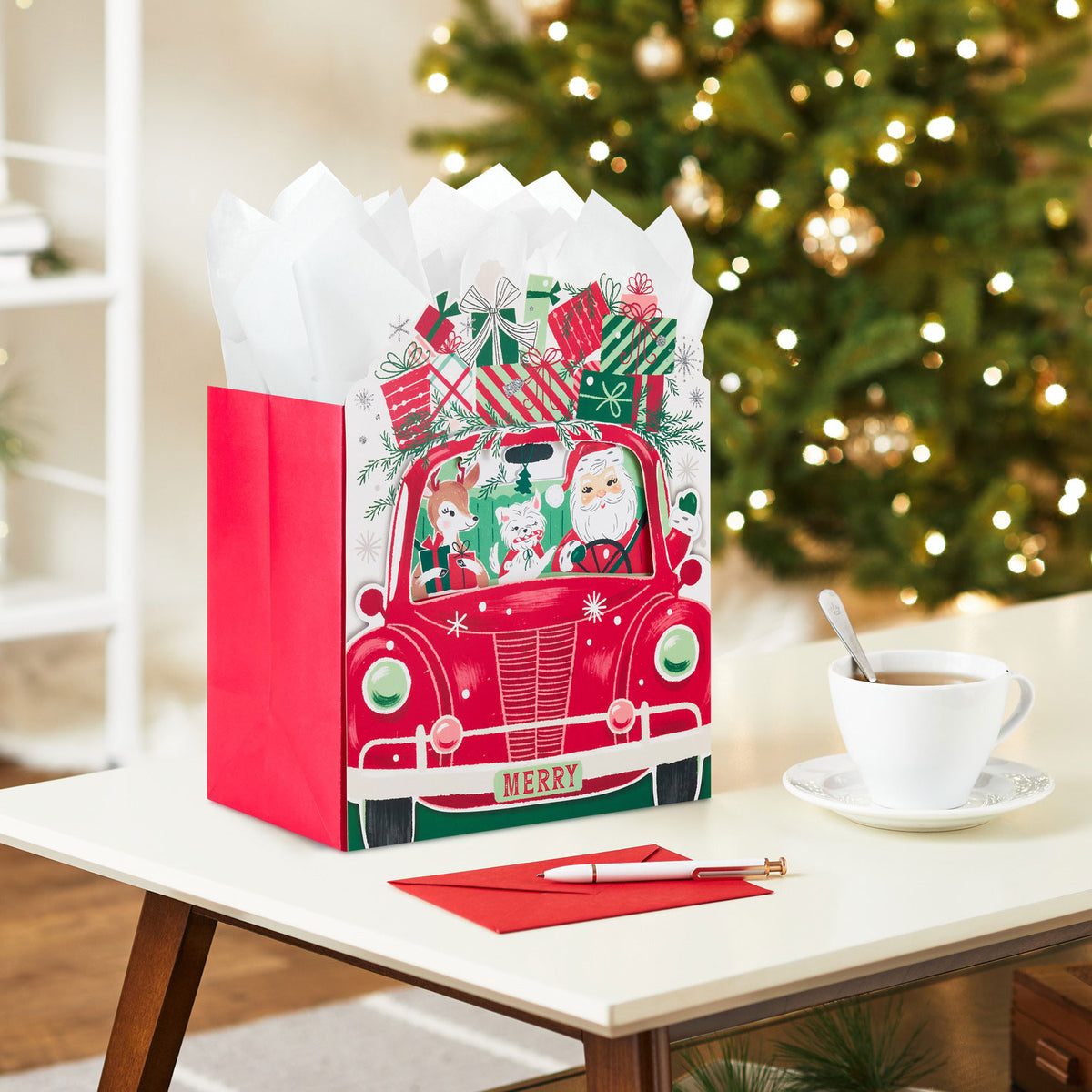 Hallmark 10'' Road-Tripping Santa Large Square Christmas Gift Bag