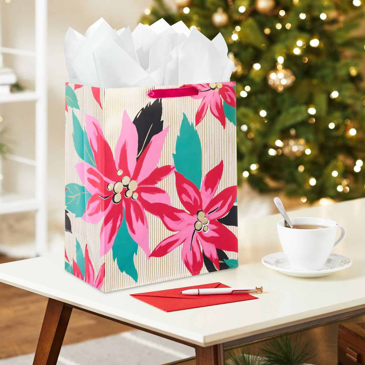 Hallmark 13'' Lacey Chabert Collection Pink Poinsettias Large Christmas Gift Bag