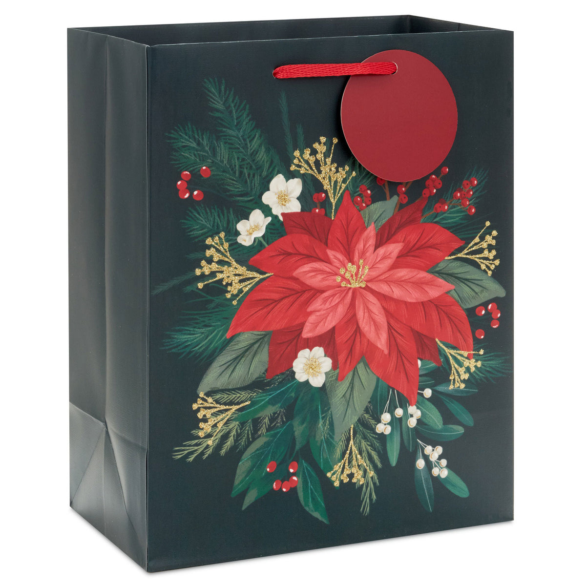 Hallmark 9.6'' Red Poinsettia on Black Medium Christmas Gift Bag