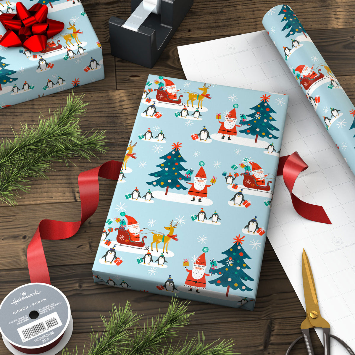 Hallmark Santa and Penguin Friends Jumbo Christmas Wrapping Paper, 90 sq. ft.