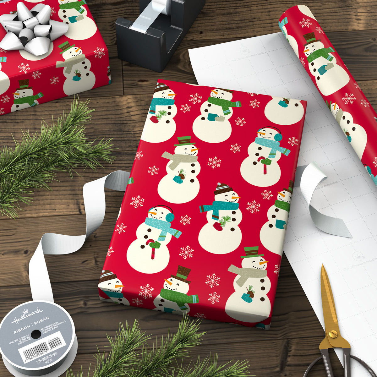 Hallmark Snowmen on Red Jumbo Christmas Wrapping Paper, 90 sq. ft.
