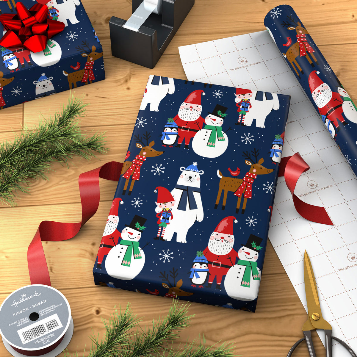 Hallmark Santa and Friends on Navy Jumbo Christmas Wrapping Paper Roll, 90 sq. ft.