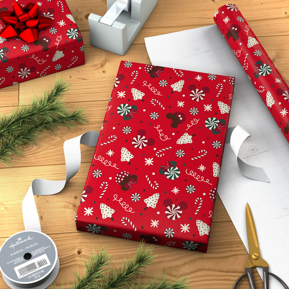 Hallmark Disney Mickey and Minnie Treats on Red Jumbo Christmas Wrapping Paper Roll, 70 sq. ft.