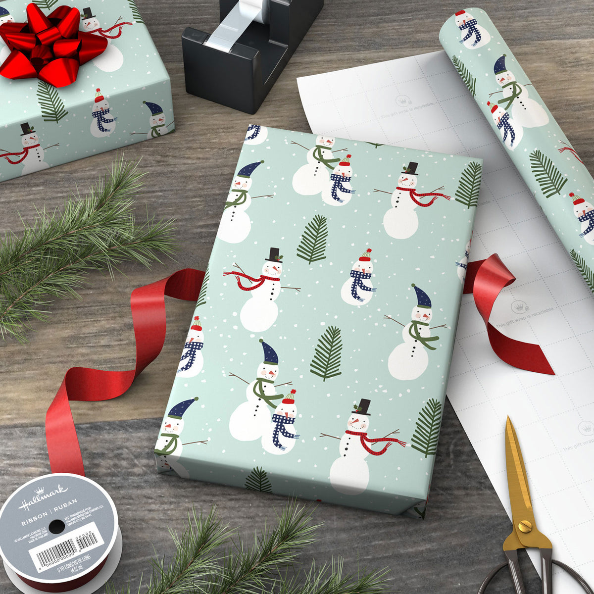 Hallmark Snowmen on Mint Green Jumbo Christmas Wrapping Paper Roll, 90 sq. ft.