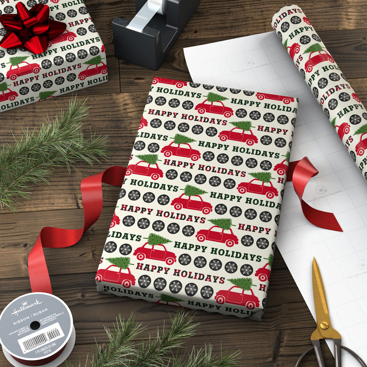 Hallmark Red Car with Snowflakes Jumbo Christmas Wrapping Paper Roll, 90 sq. ft.