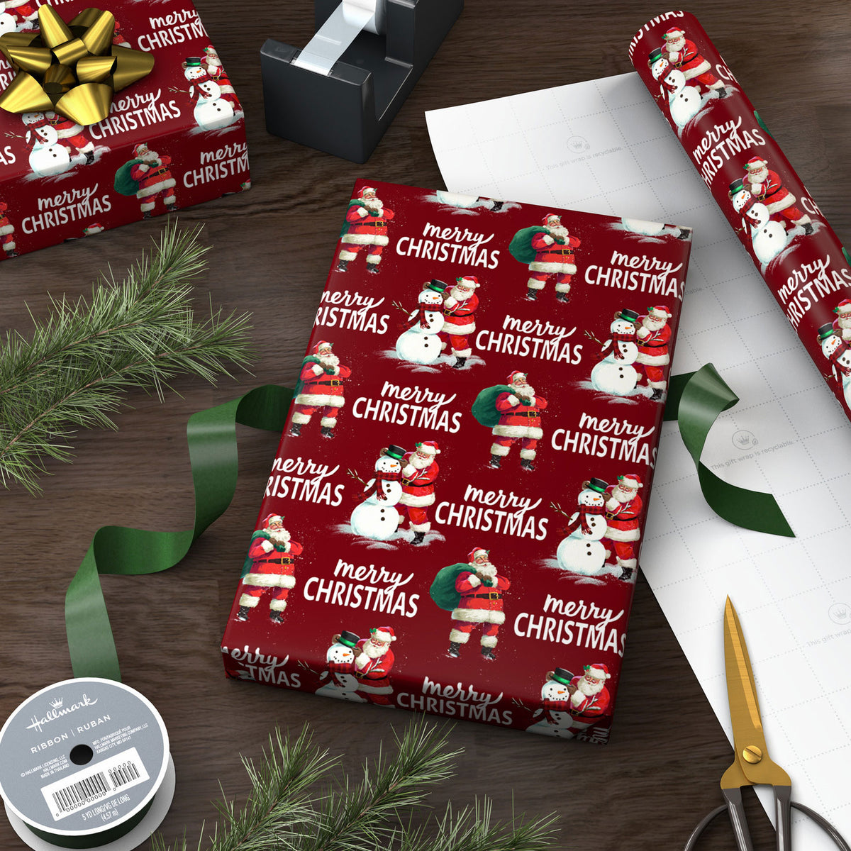 Hallmark Santa and Snowman  on Dark Red Jumbo Christmas Wrapping Paper Roll, 90 sq. ft.