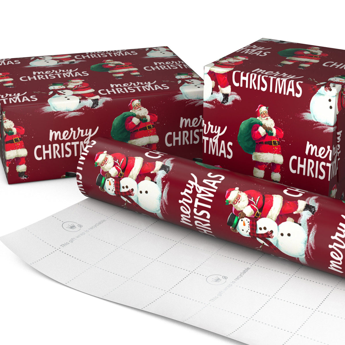 Hallmark Santa and Snowman  on Dark Red Jumbo Christmas Wrapping Paper Roll, 90 sq. ft.
